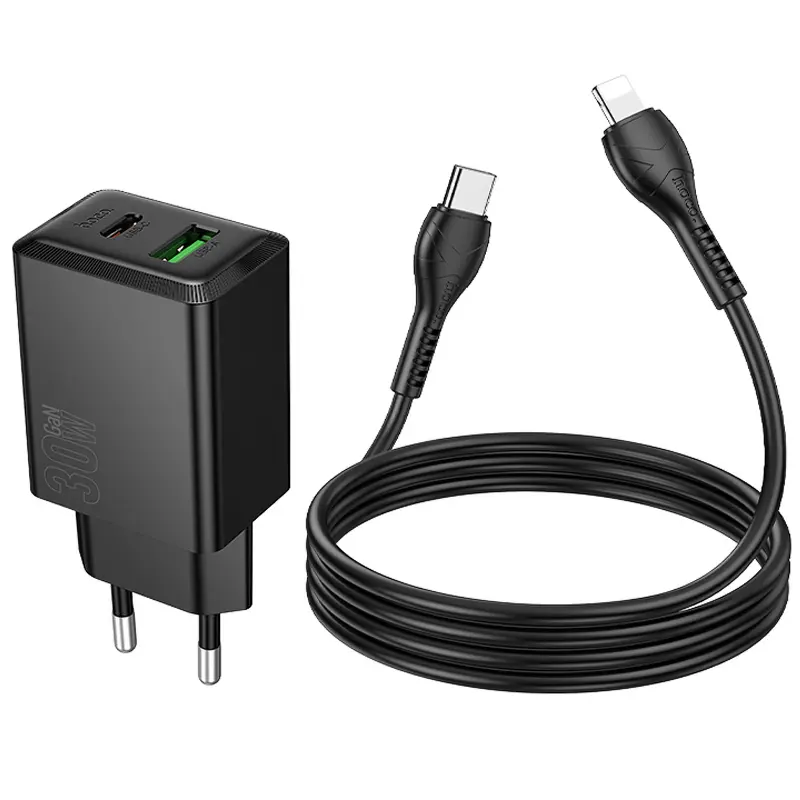 СЗУ Hoco N71 Nuevo PD30W+QC3.0 (1USB-A/1C) + кабель Type-C to Lightning, Black 4, купить оптом с доставкой
