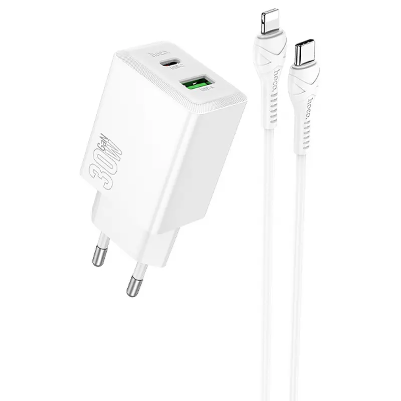 СЗУ Hoco N71 Nuevo PD30W+QC3.0 (1USB-A/1C) + кабель Type-C to Lightning, White, купить оптом с доставкой