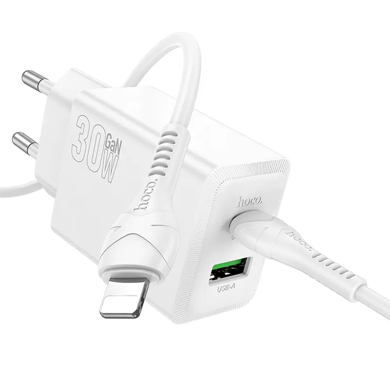СЗУ Hoco N71 Nuevo PD30W+QC3.0 (1USB-A/1C) + кабель Type-C to Lightning, White 1, купить оптом с доставкой