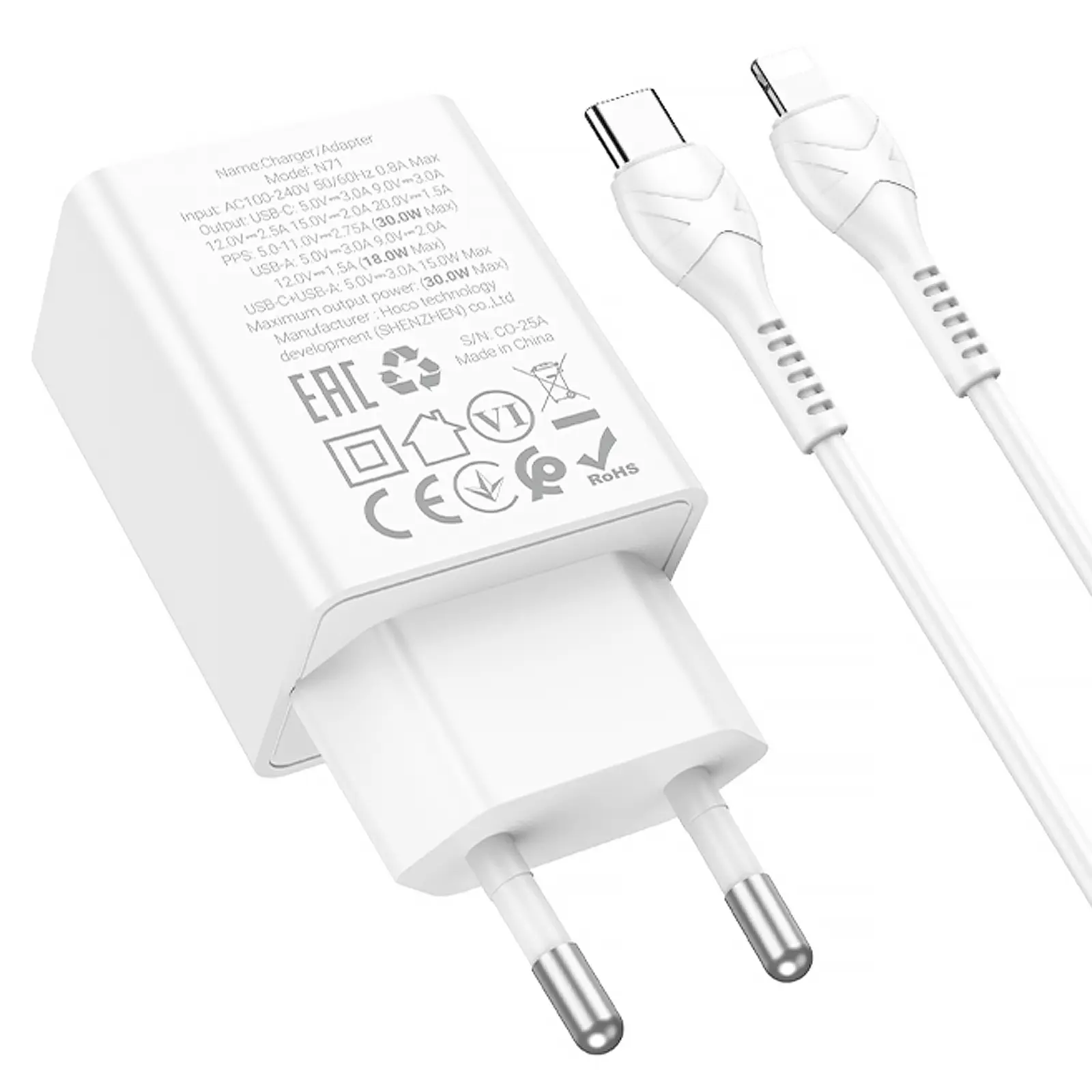 СЗУ Hoco N71 Nuevo PD30W+QC3.0 (1USB-A/1C) + кабель Type-C to Lightning, White 2, купить оптом с доставкой