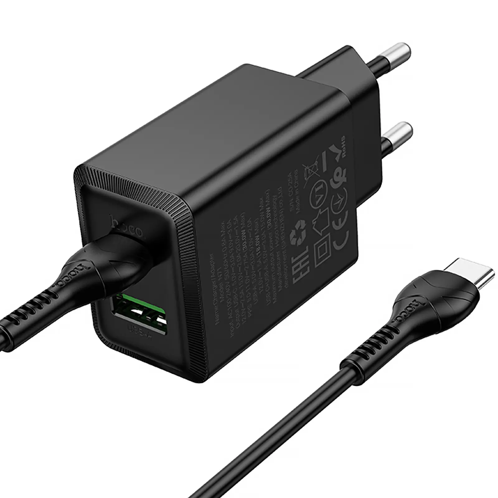 СЗУ Hoco N71 Nuevo PD30W+QC3.0 (1USB-A/1C) + кабель Type-C to Type-C, Black 3, купить оптом с доставкой