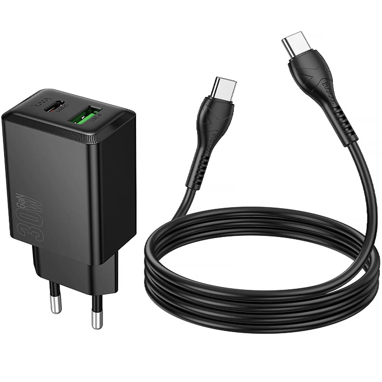СЗУ Hoco N71 Nuevo PD30W+QC3.0 (1USB-A/1C) + кабель Type-C to Type-C, Black 4, купить оптом с доставкой