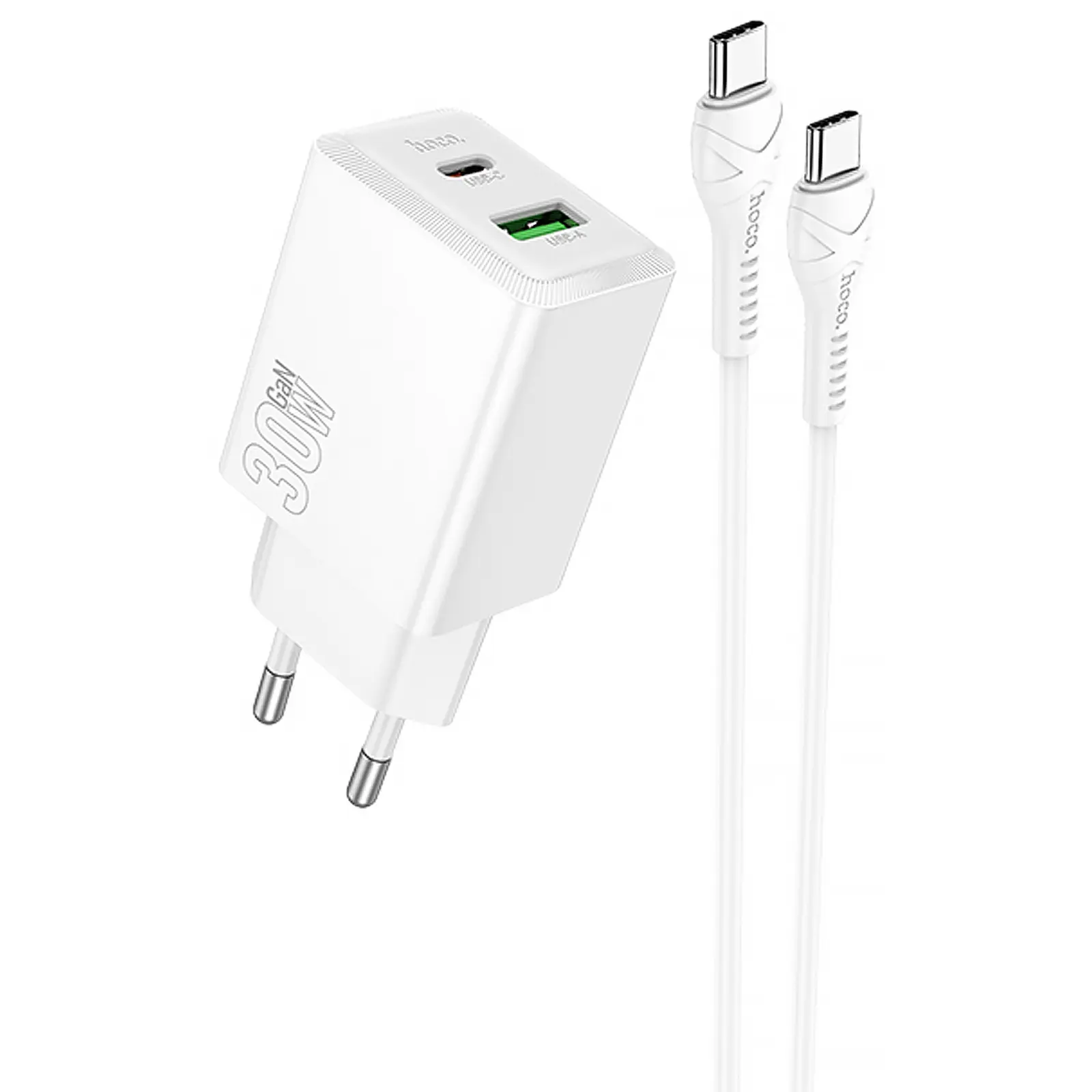 СЗУ Hoco N71 Nuevo PD30W+QC3.0 (1USB-A/1C) + кабель Type-C to Type-C, White, купить оптом с доставкой