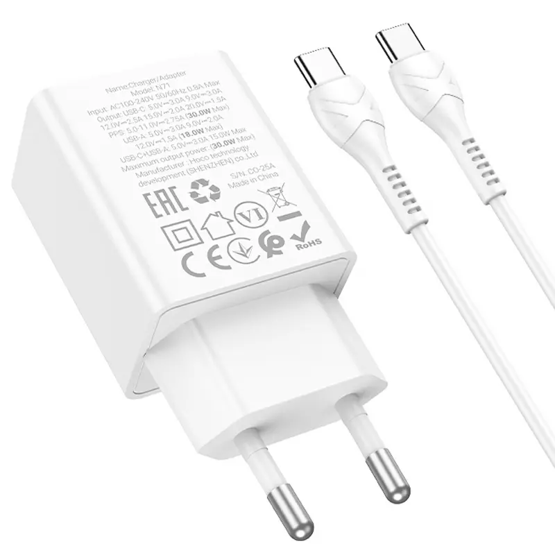 СЗУ Hoco N71 Nuevo PD30W+QC3.0 (1USB-A/1C) + кабель Type-C to Type-C, White 2, купить оптом с доставкой
