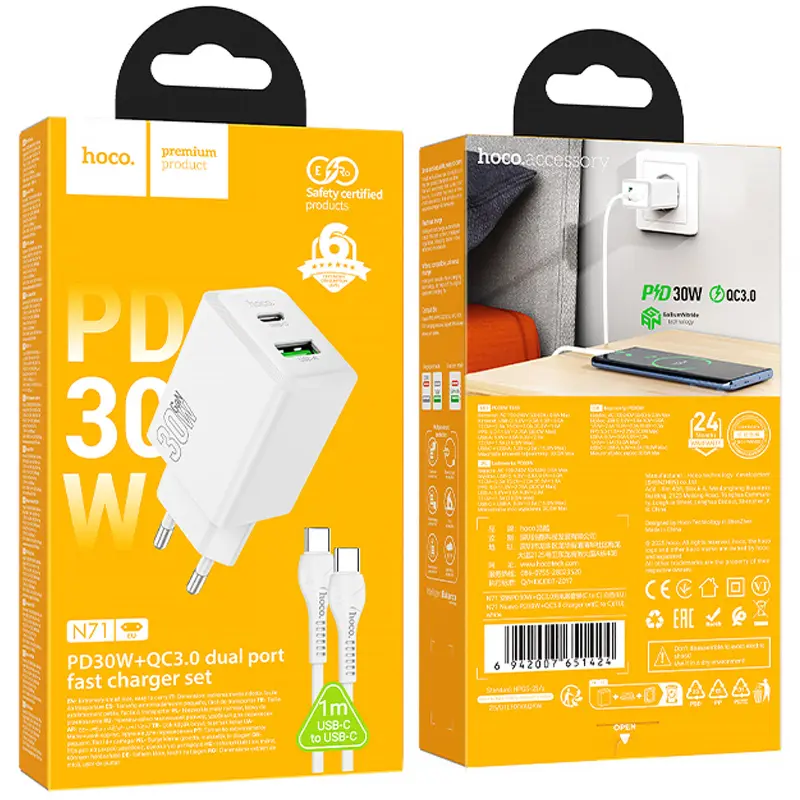 СЗУ Hoco N71 Nuevo PD30W+QC3.0 (1USB-A/1C) + кабель Type-C to Type-C, White 3, купить оптом с доставкой