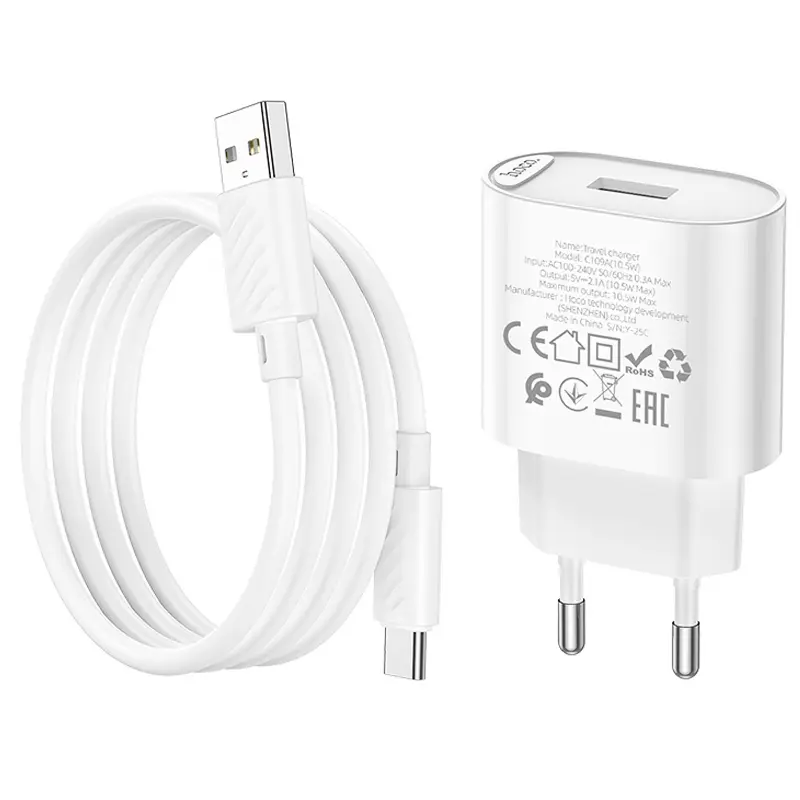 СЗУ Hoco C109A Fighter 10.5W (1USB-A) + кабель USB to Type-C, White 5, купить оптом с доставкой