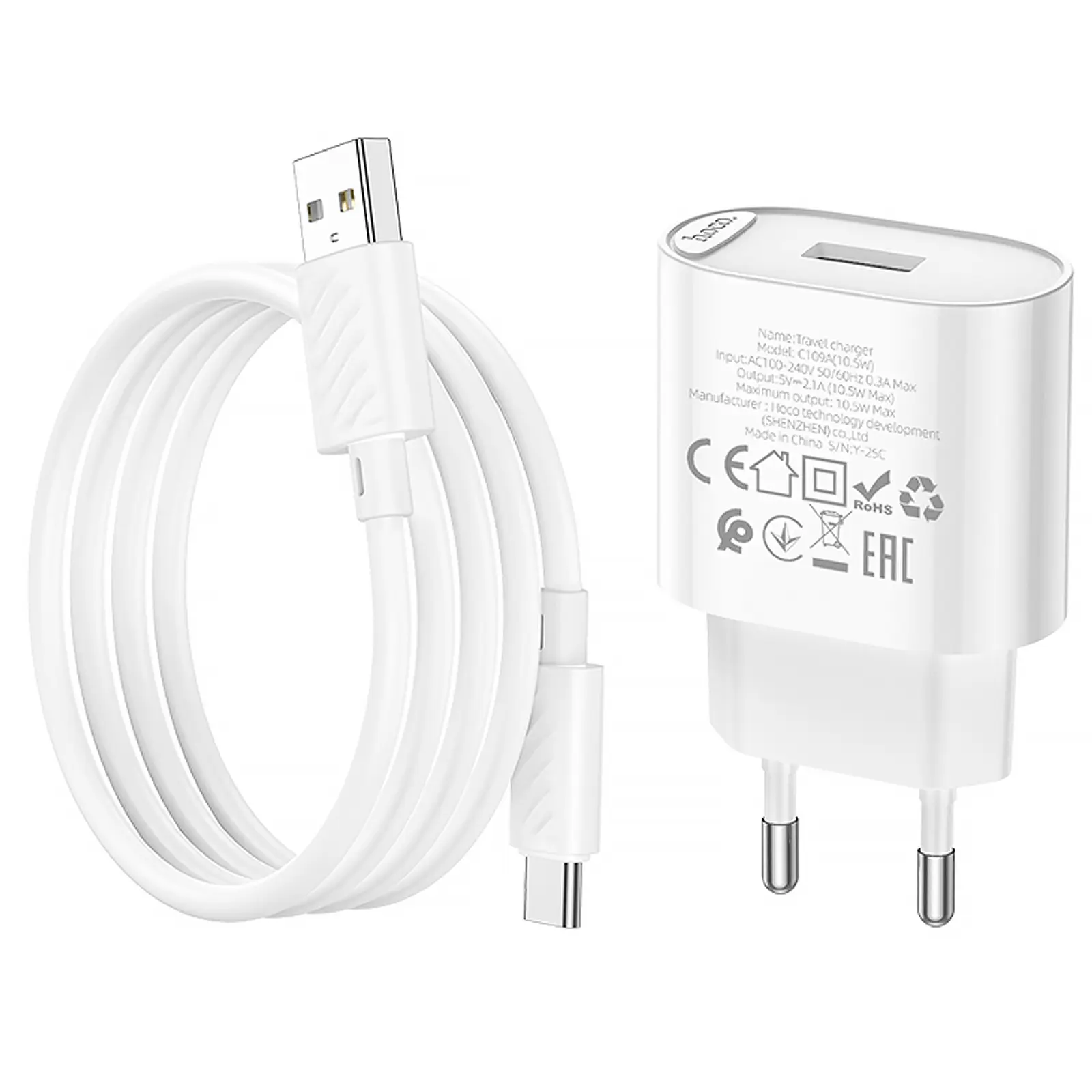 СЗУ Hoco C109A Fighter 10.5W (1USB-A) + кабель USB to Type-C, White 5, купить оптом с доставкой