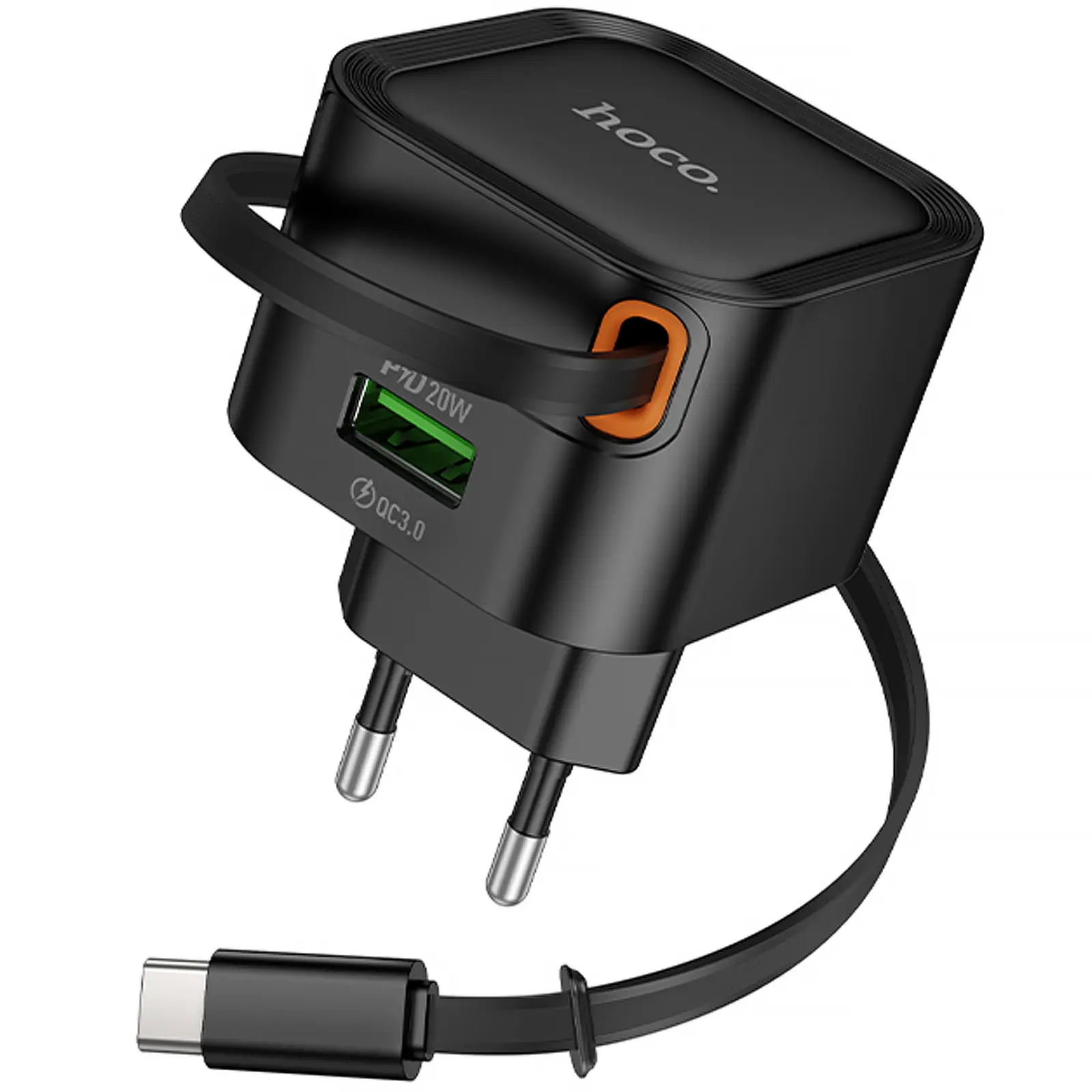 СЗУ Hoco C154A Changer With Retractable Cable Type-C PD20W+QC3.0 (1USB-C), Black 2, купить оптом с доставкой