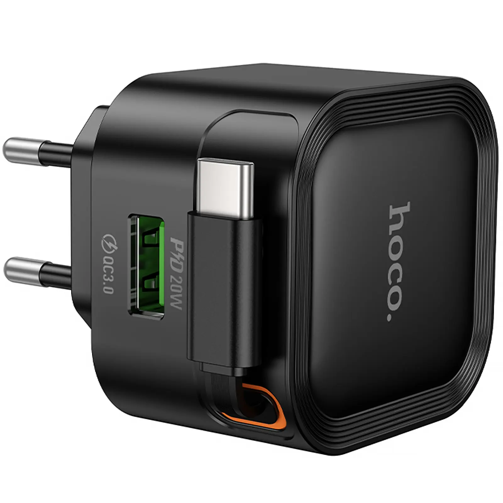 СЗУ Hoco C154A Changer With Retractable Cable Type-C PD20W+QC3.0 (1USB-C), Black 3, купить оптом с доставкой
