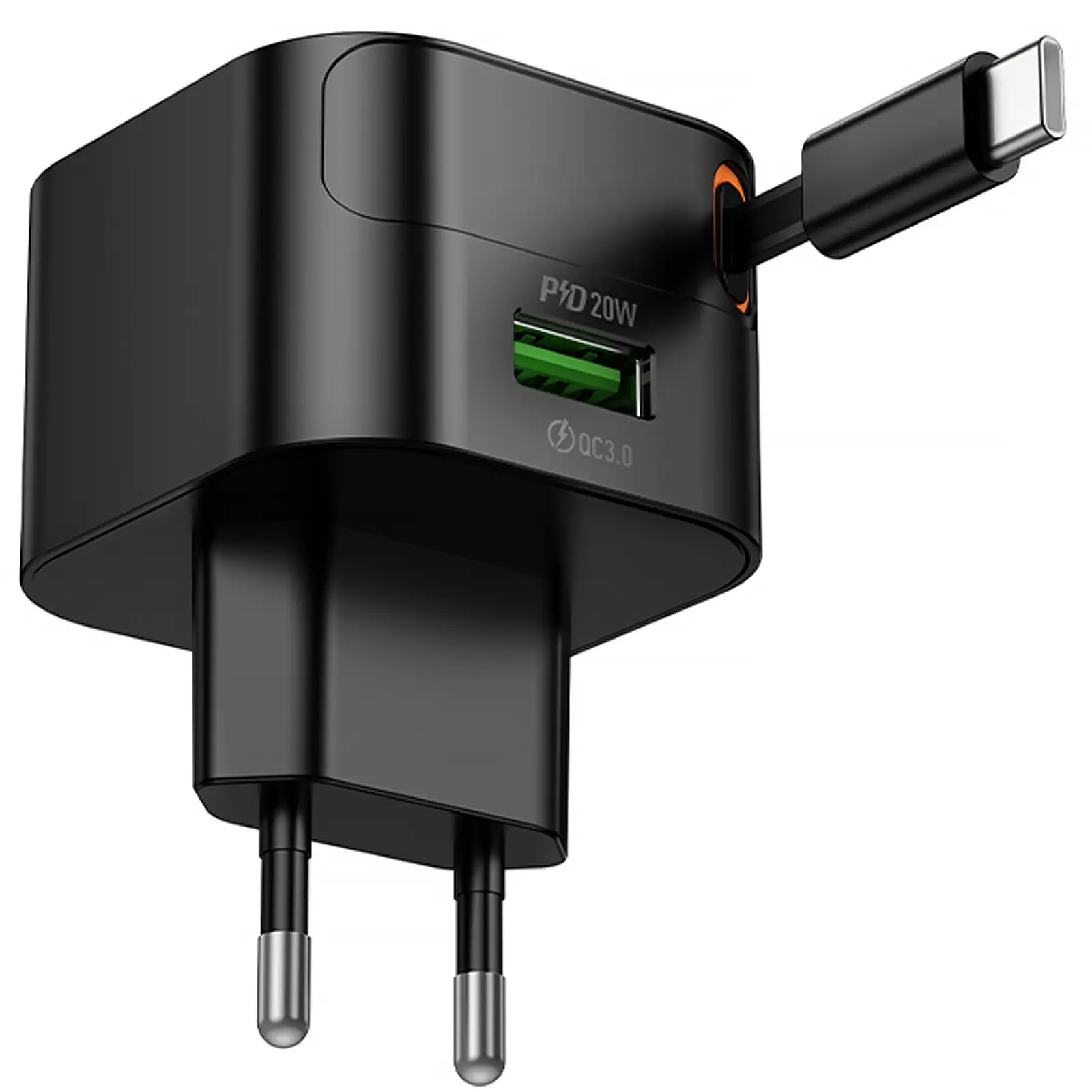 СЗУ Hoco C154A Changer With Retractable Cable Type-C PD20W+QC3.0 (1USB-C), Black 4, купить оптом с доставкой