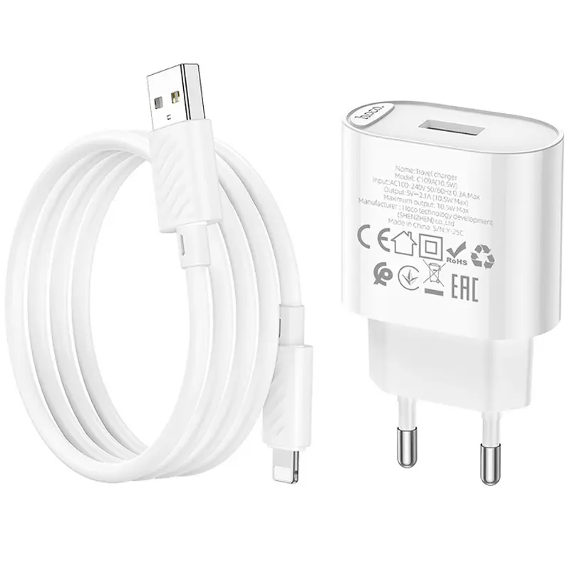 СЗУ Hoco C109A Fighter 10.5W (1USB-A) + кабель USB to Lightning, White 5, купить оптом с доставкой