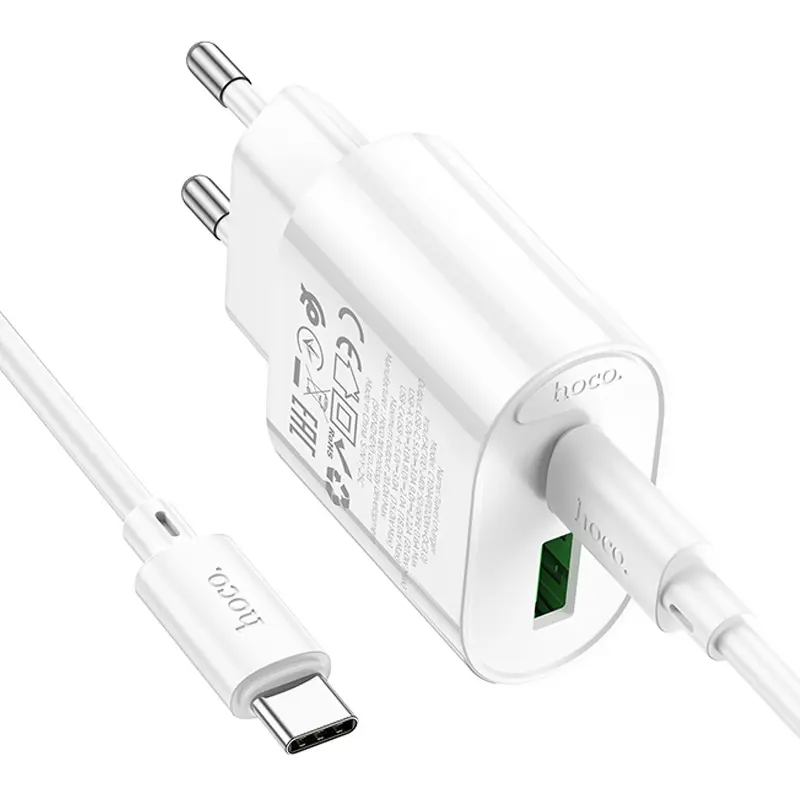 СЗУ Hoco C109A Fighter PD20W+QC3.0 (1USB-A/1C) + кабель Type-C to Type-C, White 3, купить оптом с доставкой