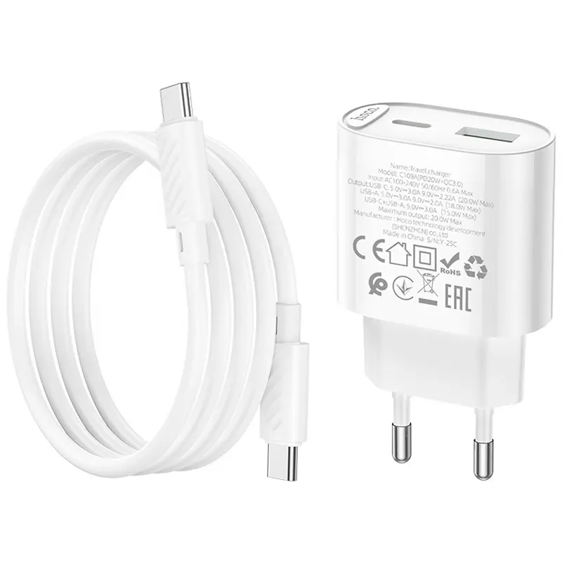 СЗУ Hoco C109A Fighter PD20W+QC3.0 (1USB-A/1C) + кабель Type-C to Type-C, White 5, купить оптом с доставкой