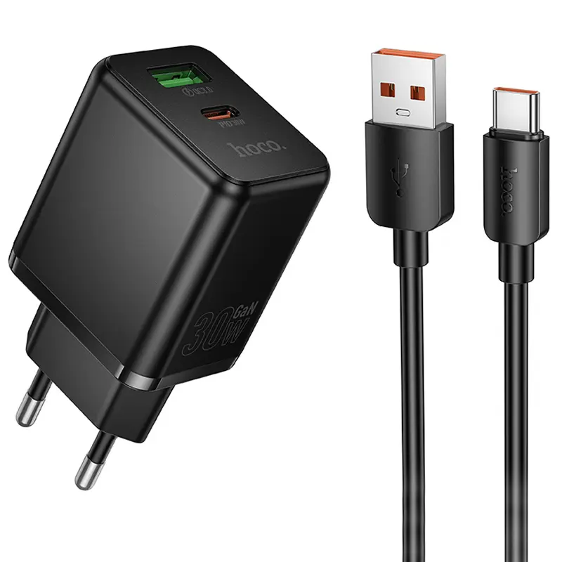 СЗУ Hoco C157A Smart PD30W+QC3.0 (1USB-A/1C) + кабель USB to Type-C, Black, купить оптом с доставкой
