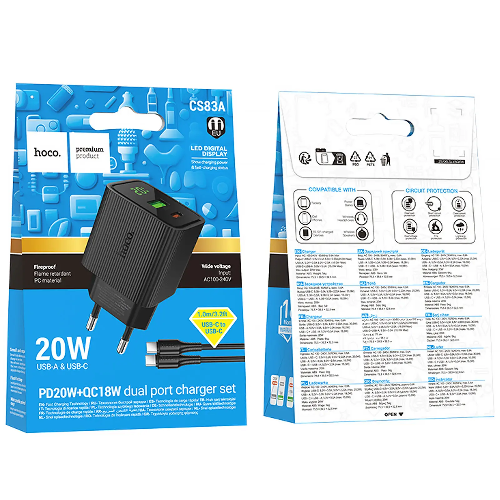 СЗУ Hoco CS83A Excellent with digital display PD20W+QC3.0 (1USB-A/1C) + кабель Type-C to Type-C, Black 1, купить оптом с доставкой