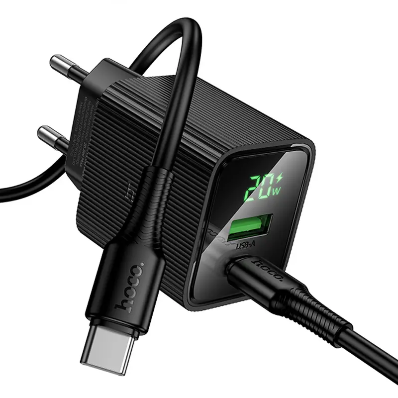 СЗУ Hoco CS83A Excellent with digital display PD20W+QC3.0 (1USB-A/1C) + кабель Type-C to Type-C, Black 2, купить оптом с доставкой