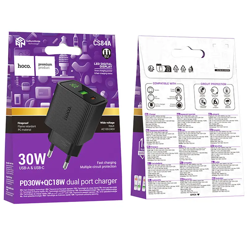СЗУ Hoco CS84A Excellent with digital display PD30W+QC3.0 (1USB-A/1C), Black 1, купить оптом с доставкой