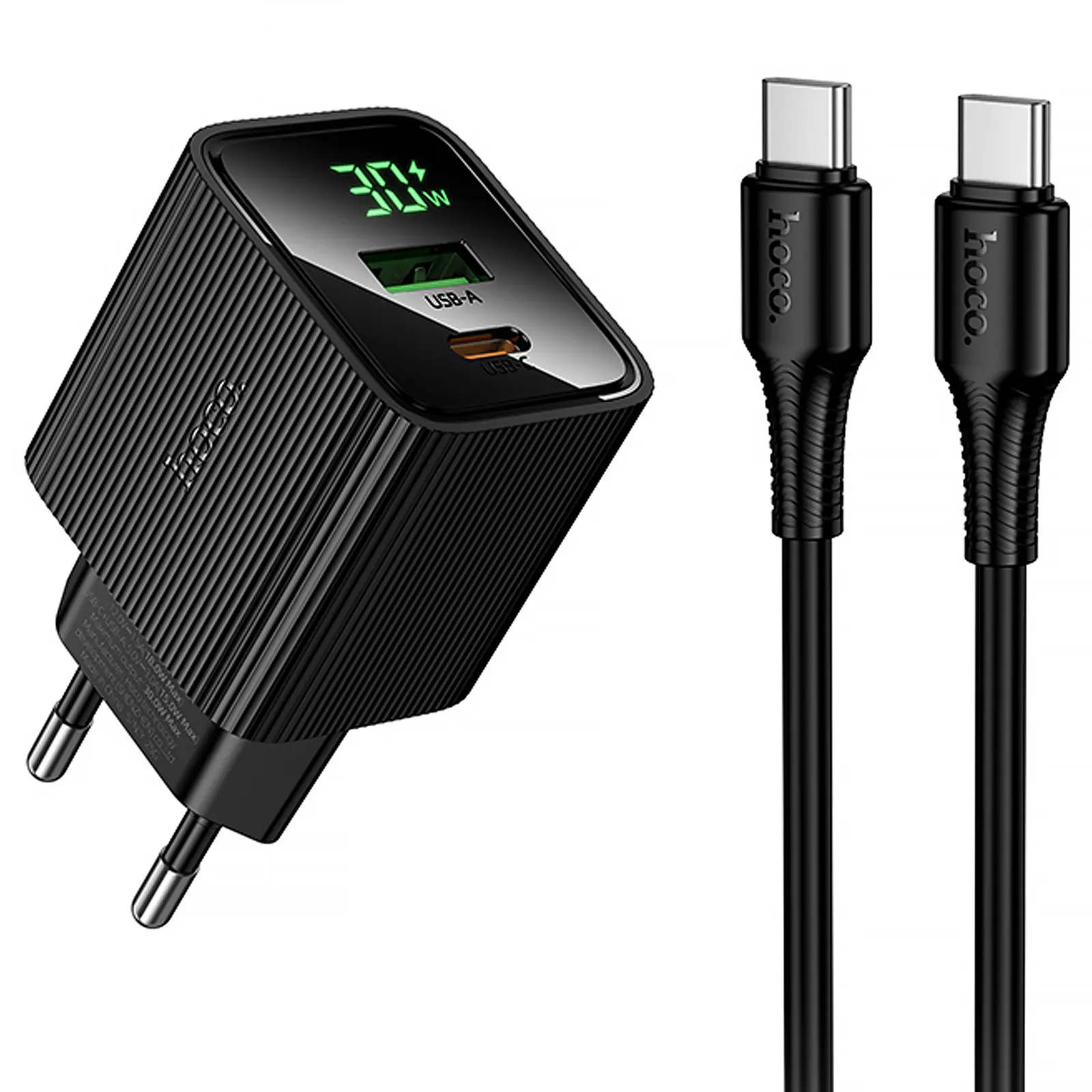 СЗУ Hoco CS84A Excellent with digital display PD30W+QC3.0 (1USB-A/1C) + кабель Type-C to Type-C, Black, купить оптом с доставкой