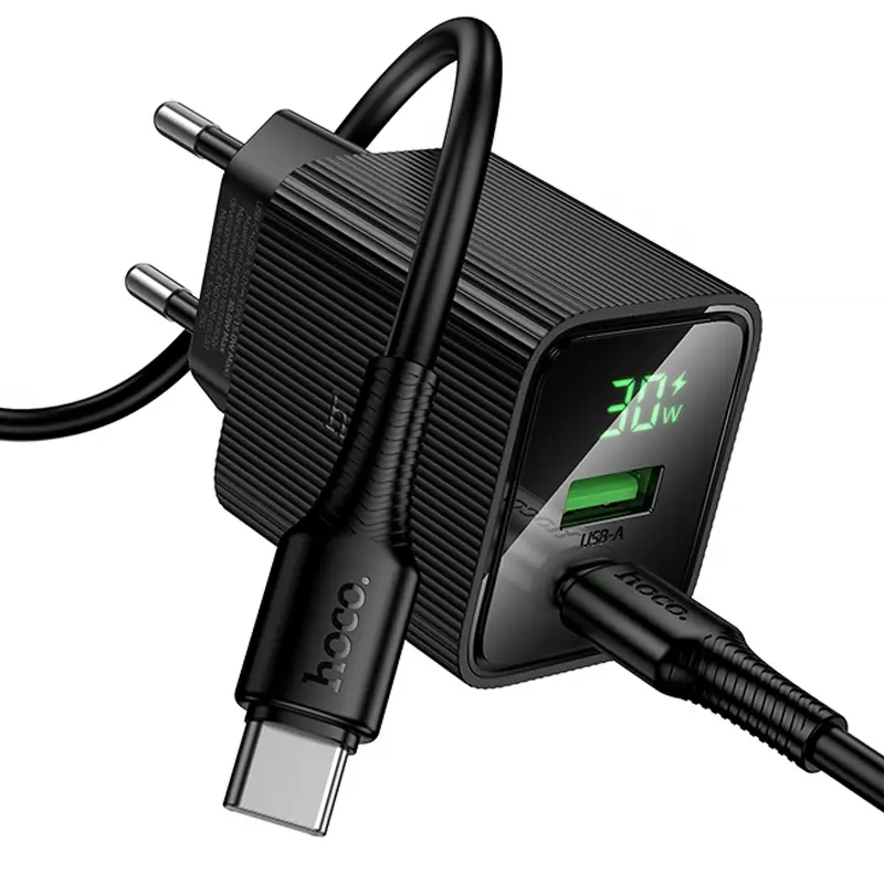 СЗУ Hoco CS84A Excellent with digital display PD30W+QC3.0 (1USB-A/1C) + кабель Type-C to Type-C, Black 2, купить оптом с доставкой