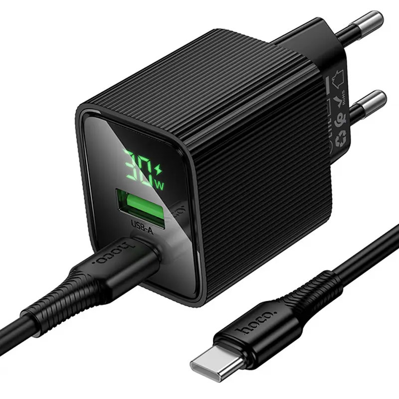 СЗУ Hoco CS84A Excellent with digital display PD30W+QC3.0 (1USB-A/1C) + кабель Type-C to Type-C, Black 3, купить оптом с доставкой
