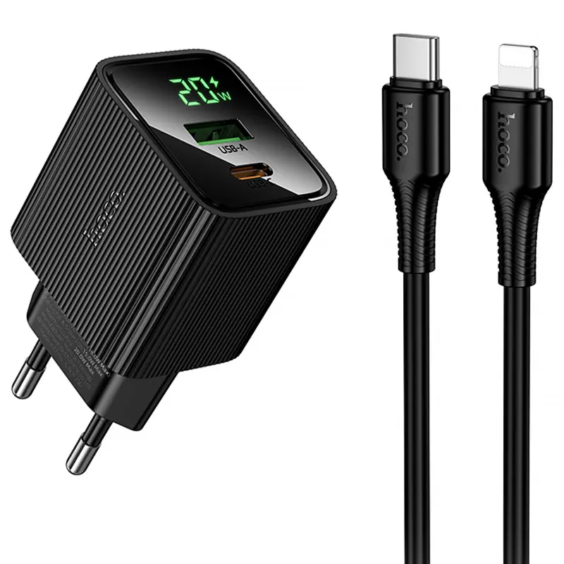 СЗУ Hoco CS83A Excellent with digital display PD20W+QC3.0 (1USB-A/1C) + кабель Type-C to Lightning, Black, купить оптом с доставкой