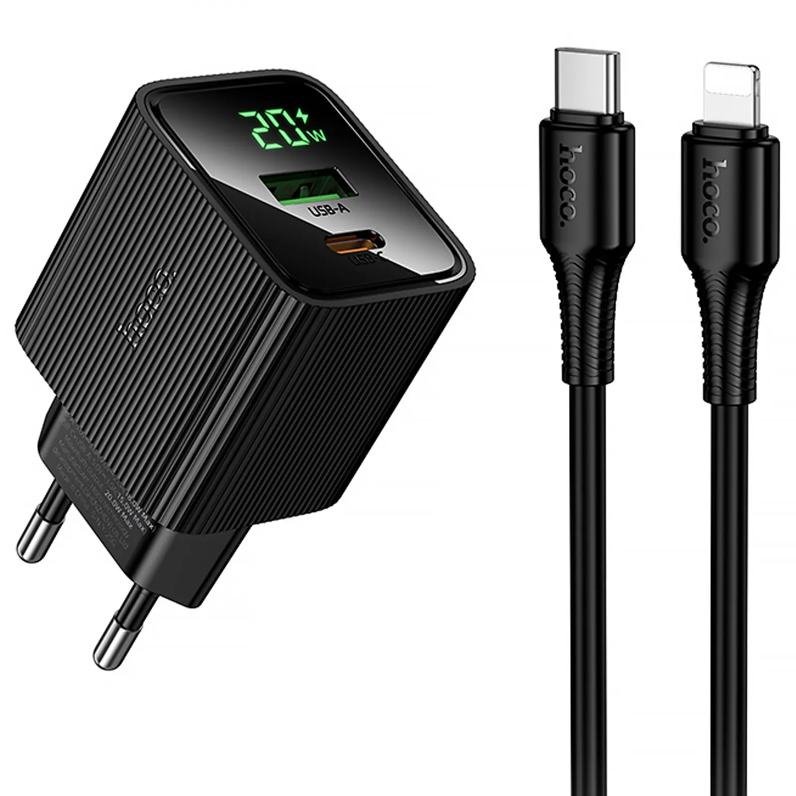 СЗУ Hoco CS83A Excellent with digital display PD20W+QC3.0 (1USB-A/1C) + кабель Type-C to Lightning, Black, купить оптом с доставкой