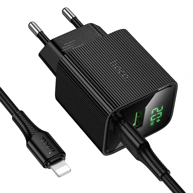 СЗУ Hoco CS83A Excellent with digital display PD20W+QC3.0 (1USB-A/1C) + кабель Type-C to Lightning, Black 4, купить оптом с доставкой