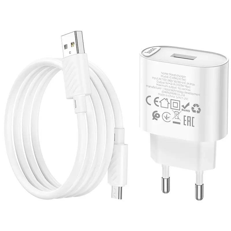СЗУ Hoco C109A Fighter 10.5W (1USB-A) + кабель USB to MicroUSB, White 5, купить оптом с доставкой