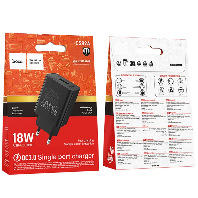 МЗП Hoco CS92A Leader 18W+QC3.0 (1USB-A), Black 1, купити оптом з доставкою