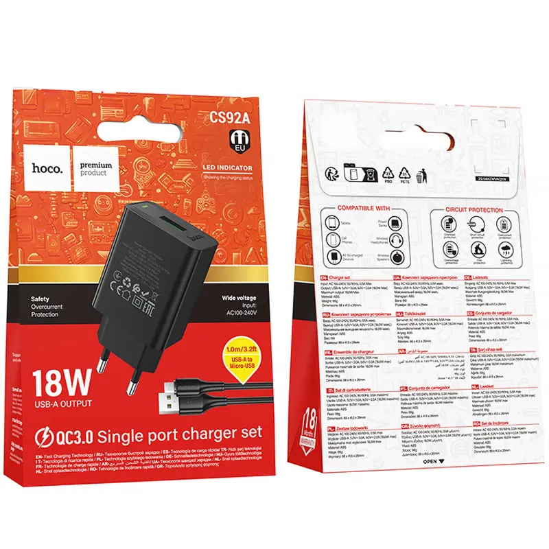 СЗУ Hoco CS92A Leader 18W+QC3.0 (1USB-A) + кабель USB to MicroUSB, Black 1, купить оптом с доставкой
