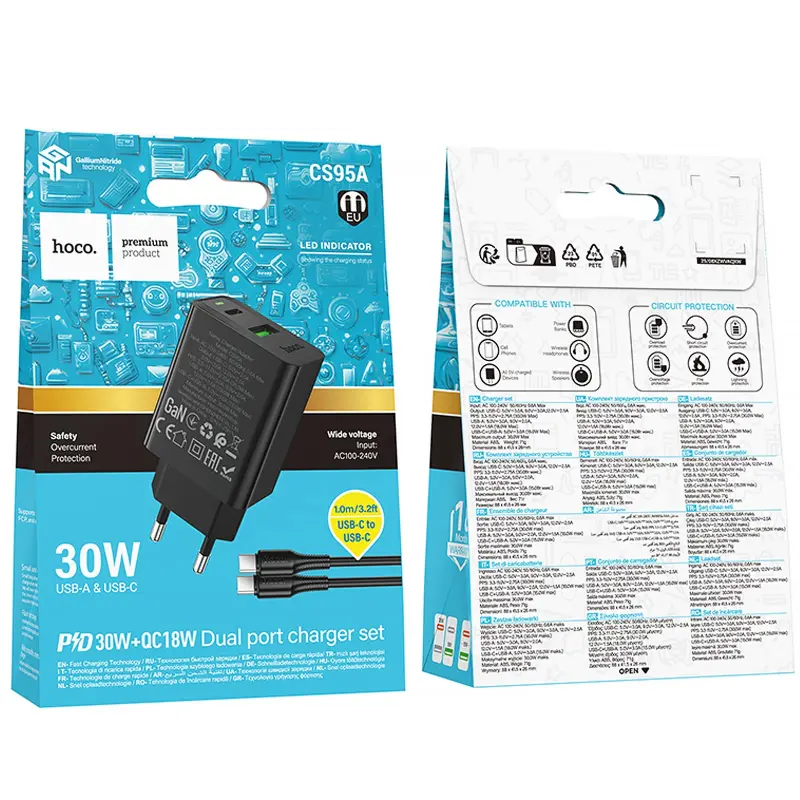 МЗП Hoco CS95A Leader PD30W+QC3.0 (1USB-A/1C) + кабель Type-C to Type-C, Black 1, купити оптом з доставкою