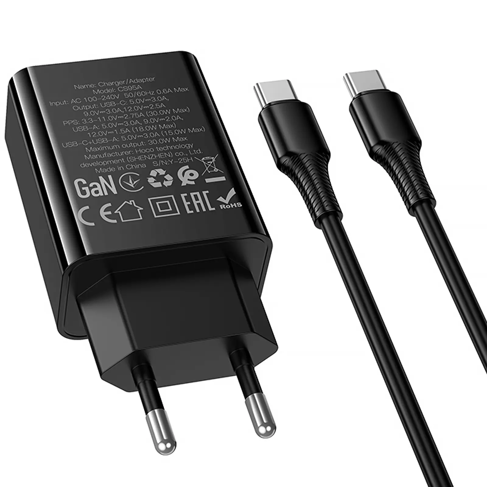 МЗП Hoco CS95A Leader PD30W+QC3.0 (1USB-A/1C) + кабель Type-C to Type-C, Black 5, купити оптом з доставкою