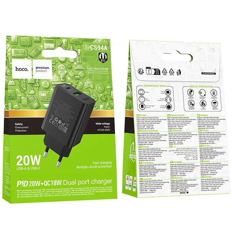 СЗУ Hoco CS94A Leader PD20W+QC3.0 (1USB-A/1C), Black 1, купить оптом с доставкой