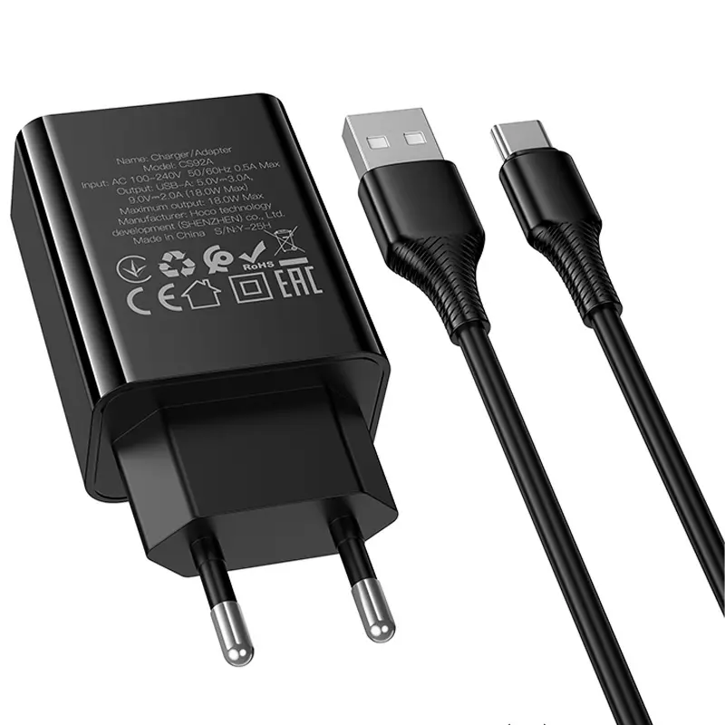 СЗУ Hoco CS92A Leader 18W+QC3.0 (1USB-A) + кабель USB to Type-C, Black 6, купить оптом с доставкой