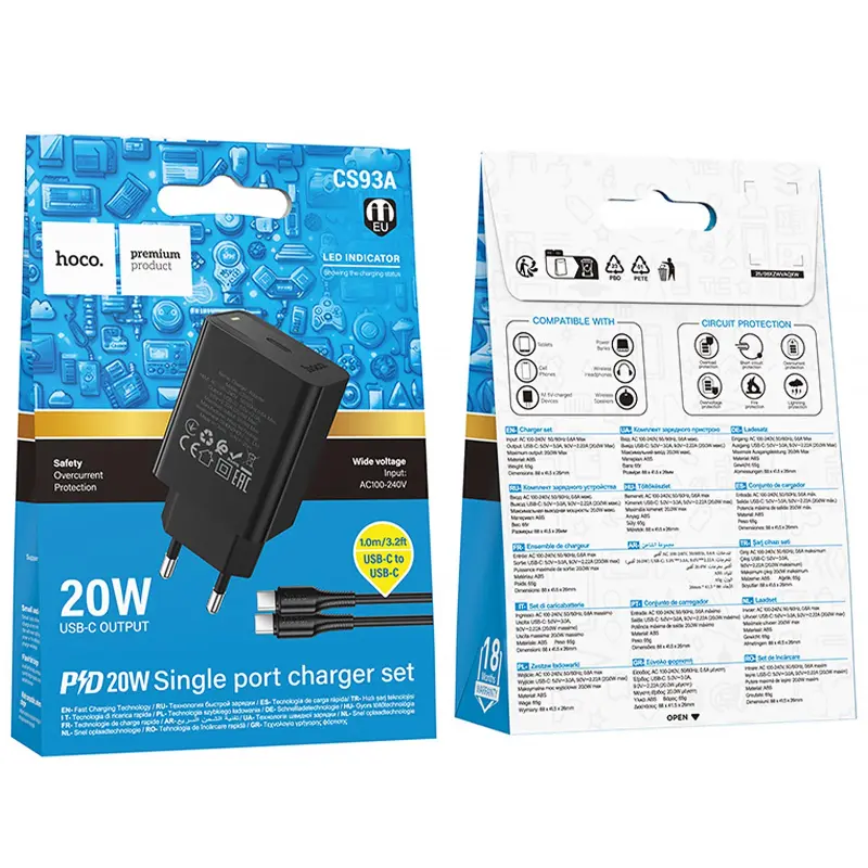 СЗУ Hoco CS93A Leader PD20W (1USB-C) + кабель Type-C to Type-C, Black 1, купить оптом с доставкой