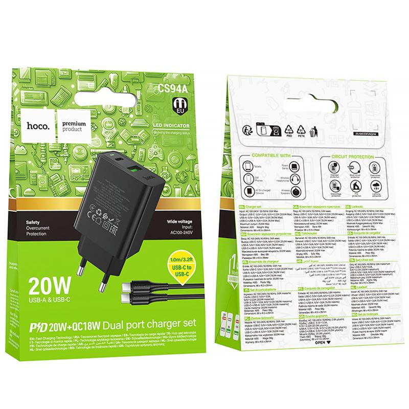 МЗП Hoco CS94A Leader PD20W+QC3.0 (1USB-A/1C) + кабель Type-C to Type-C на малюнкі №2