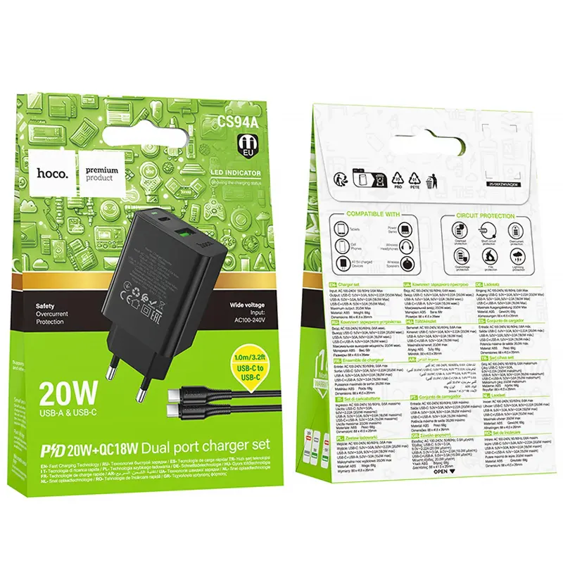 СЗУ Hoco CS94A Leader PD20W+QC3.0 (1USB-A/1C) + кабель Type-C to Type-C, Black 1, купить оптом с доставкой