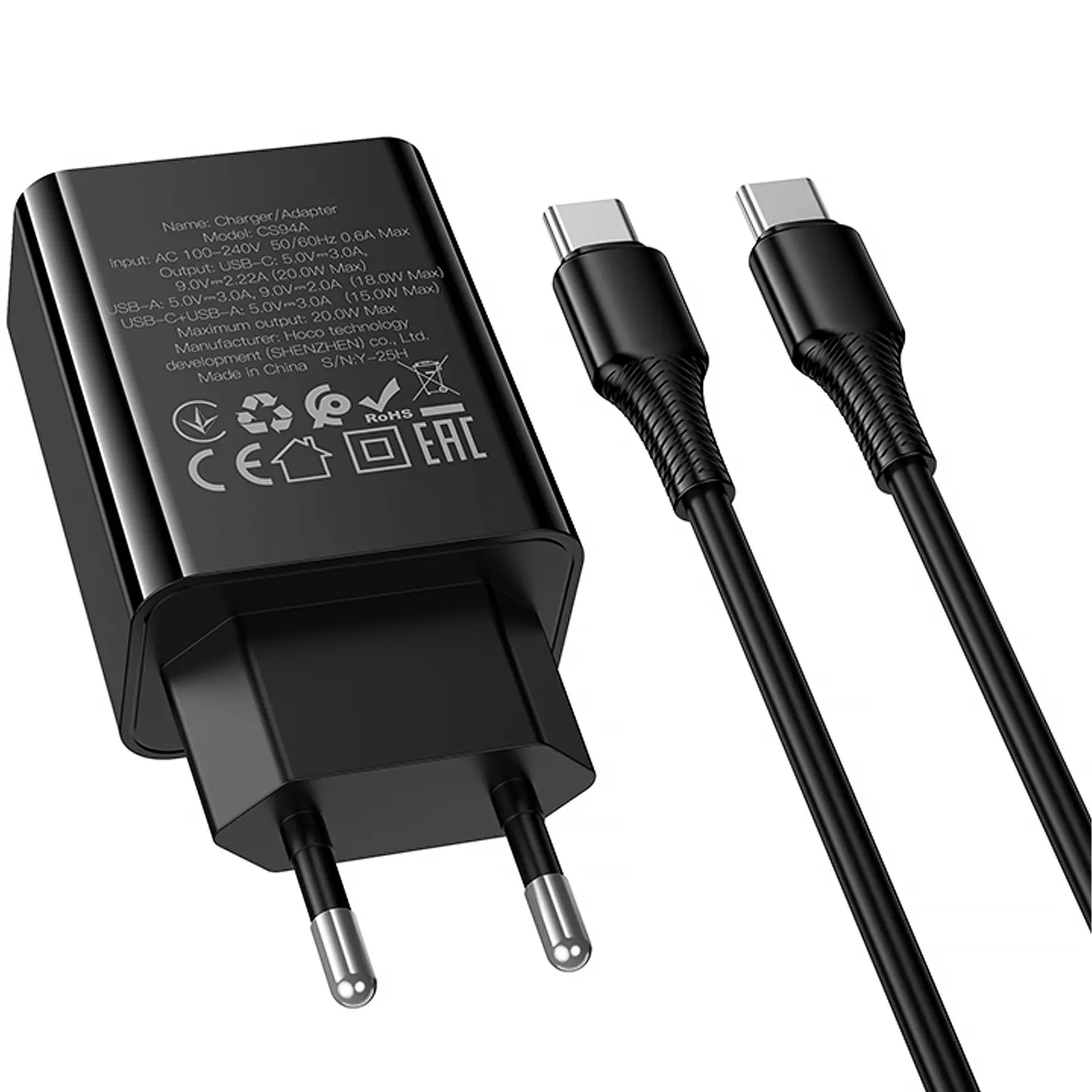 СЗУ Hoco CS94A Leader PD20W+QC3.0 (1USB-A/1C) + кабель Type-C to Type-C, Black 4, купить оптом с доставкой
