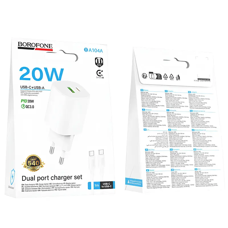 СЗУ Borofone BA104A Pudding PD20W+QC3.0 (1USB-A/1C) + кабель Type-C to Type-C, White 1, купить оптом с доставкой