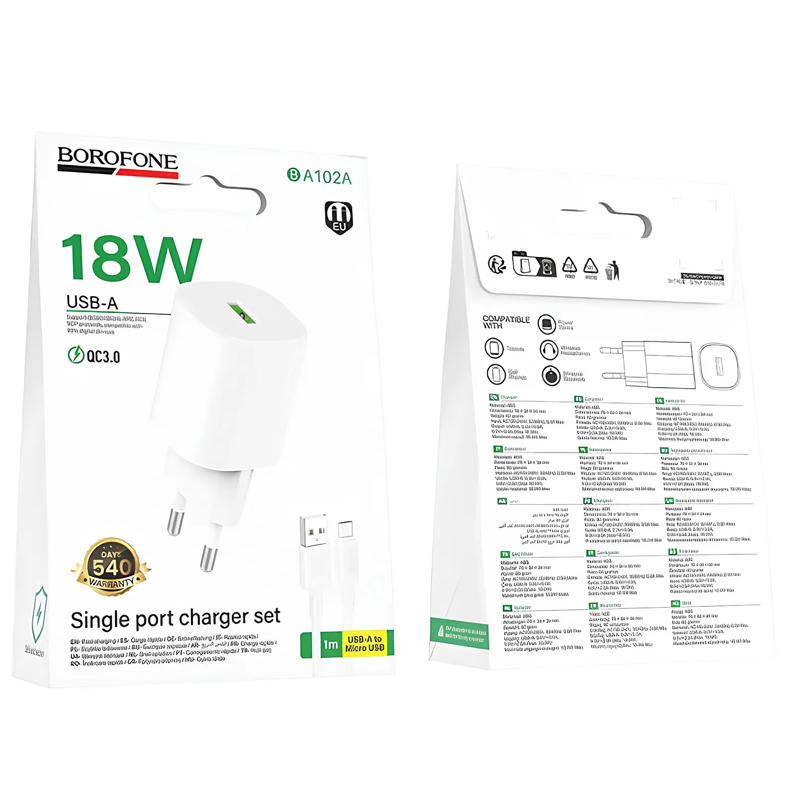 МЗП Borofone BA102A Pudding QC3.0 (1USB-A) + кабель USB to MicroUSB, White 1, купити оптом з доставкою