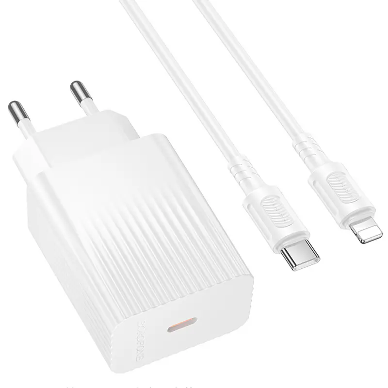 СЗУ Borofone BAS75A Source PD30W (1USB-C) + кабель Type-C to Lightning, White 2, купить оптом с доставкой