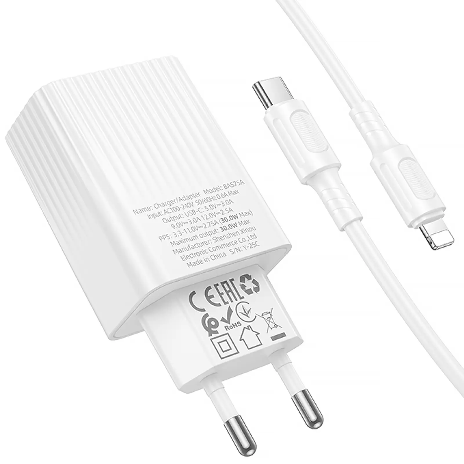 СЗУ Borofone BAS75A Source PD30W (1USB-C) + кабель Type-C to Lightning, White 3, купить оптом с доставкой