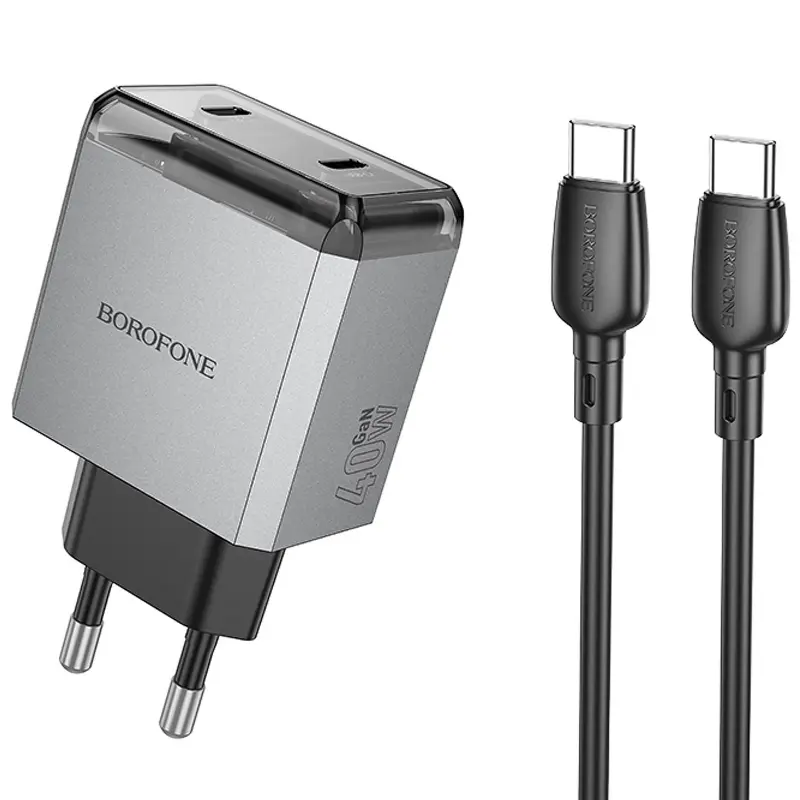 СЗУ Borofone BN21 Lena PD40W+QC3.0 (2USB-C) + кабель Type-C to Type-C, Metal gray, купить оптом с доставкой