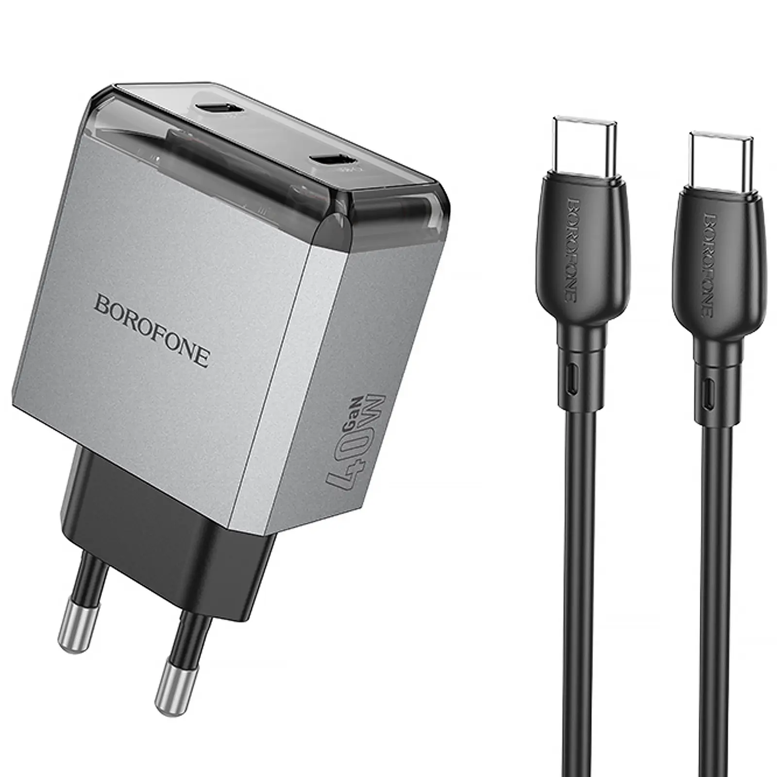 СЗУ Borofone BN21 Lena PD40W+QC3.0 (2USB-C) + кабель Type-C to Type-C, Metal gray, купить оптом с доставкой