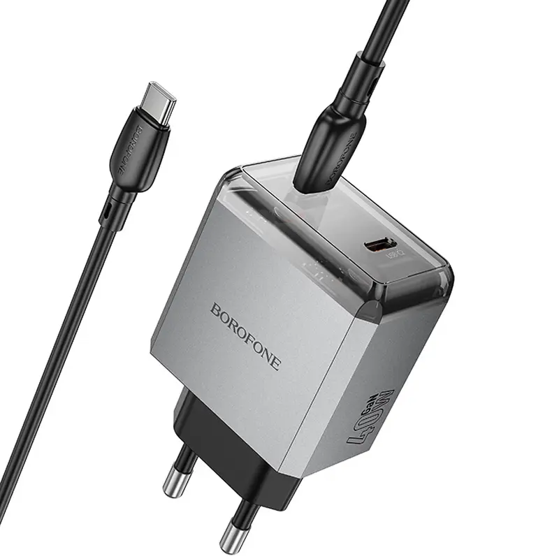 СЗУ Borofone BN21 Lena PD40W+QC3.0 (2USB-C) + кабель Type-C to Type-C, Metal gray 2, купить оптом с доставкой