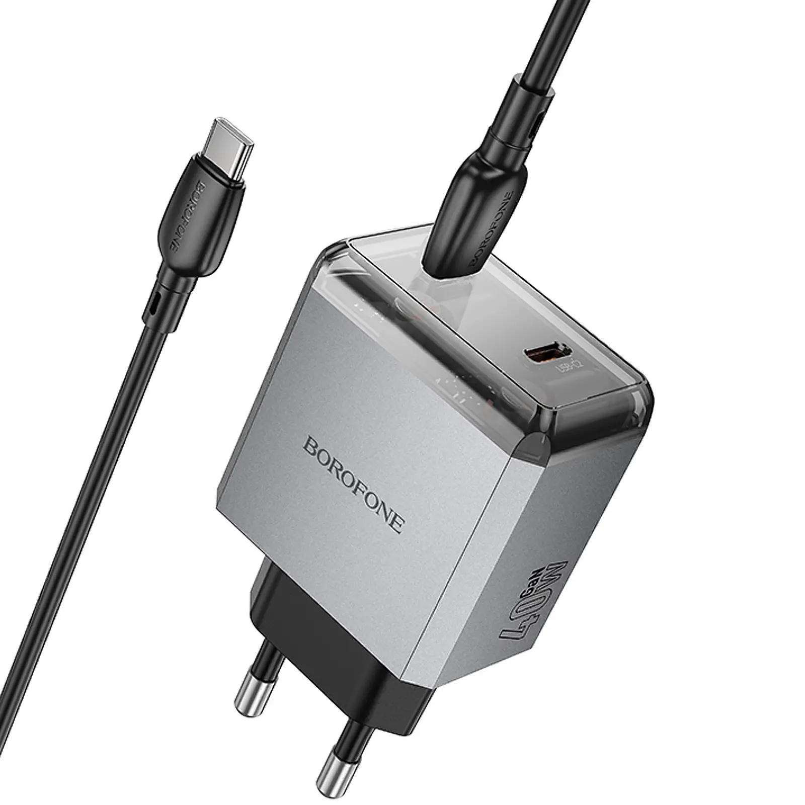 СЗУ Borofone BN21 Lena PD40W+QC3.0 (2USB-C) + кабель Type-C to Type-C, Metal gray 2, купить оптом с доставкой