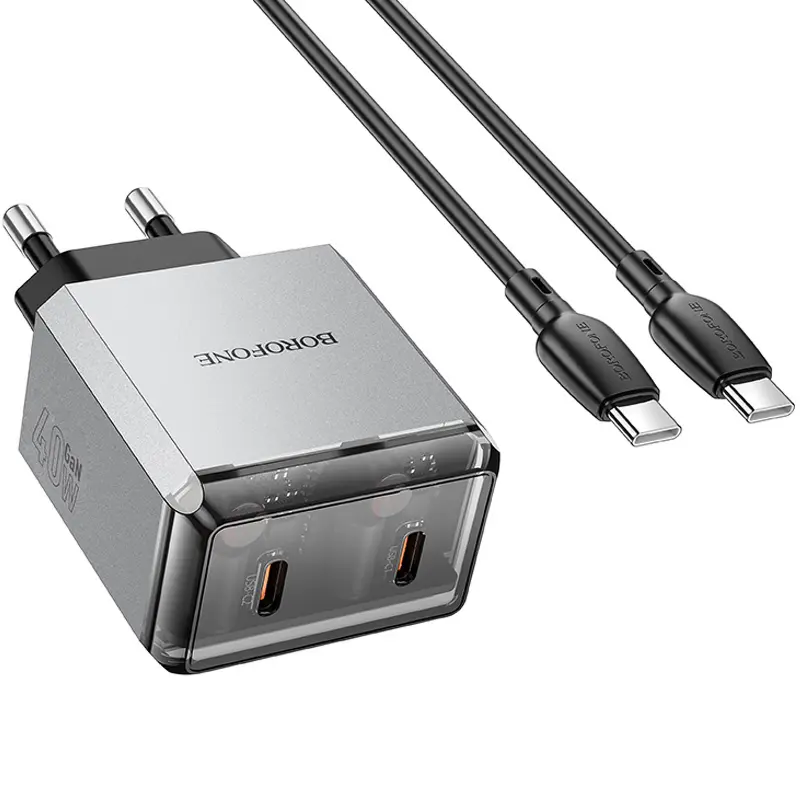 СЗУ Borofone BN21 Lena PD40W+QC3.0 (2USB-C) + кабель Type-C to Type-C, Metal gray 4, купить оптом с доставкой