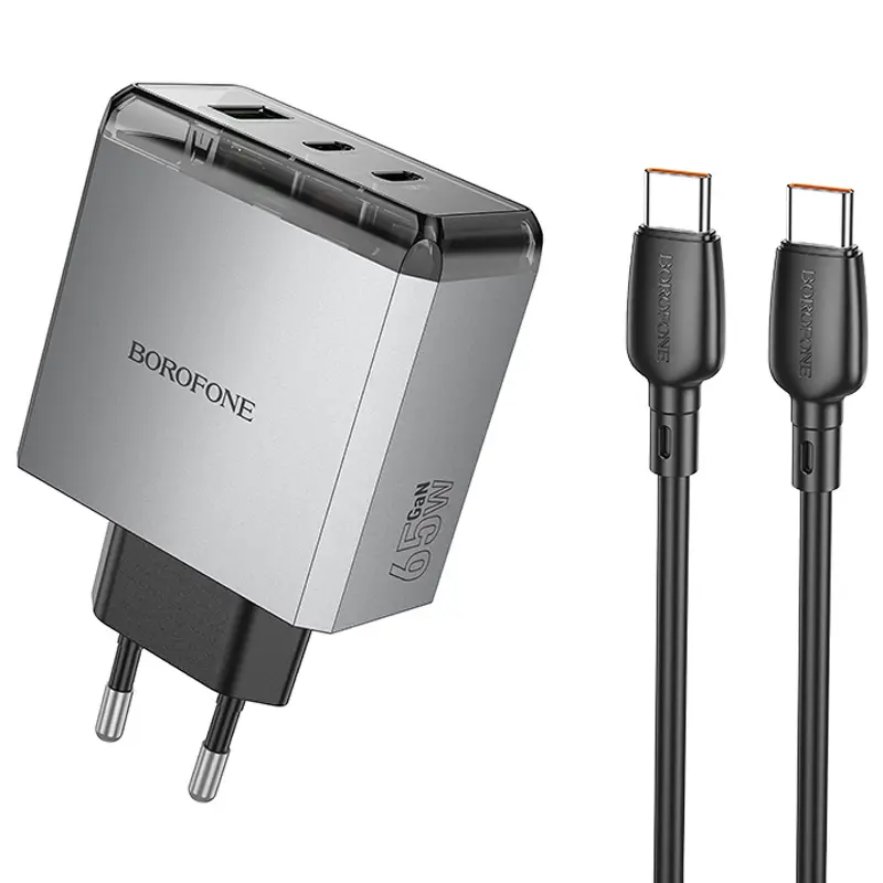 СЗУ Borofone BN22 Lena PD65W (1USB-A/2C) + кабель Type-C to Type-C, Metal gray, купить оптом с доставкой