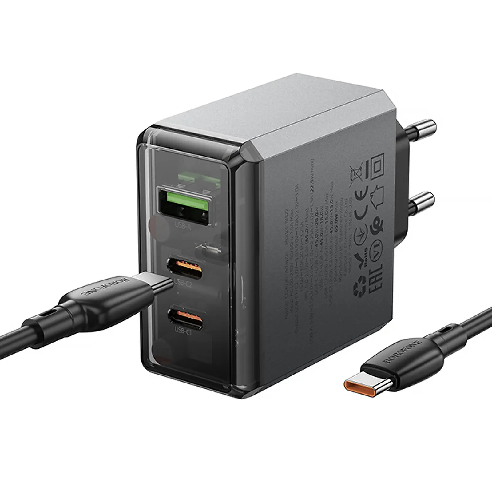 СЗУ Borofone BN22 Lena PD65W (1USB-A/2C) + кабель Type-C to Type-C, Metal gray 3, купить оптом с доставкой