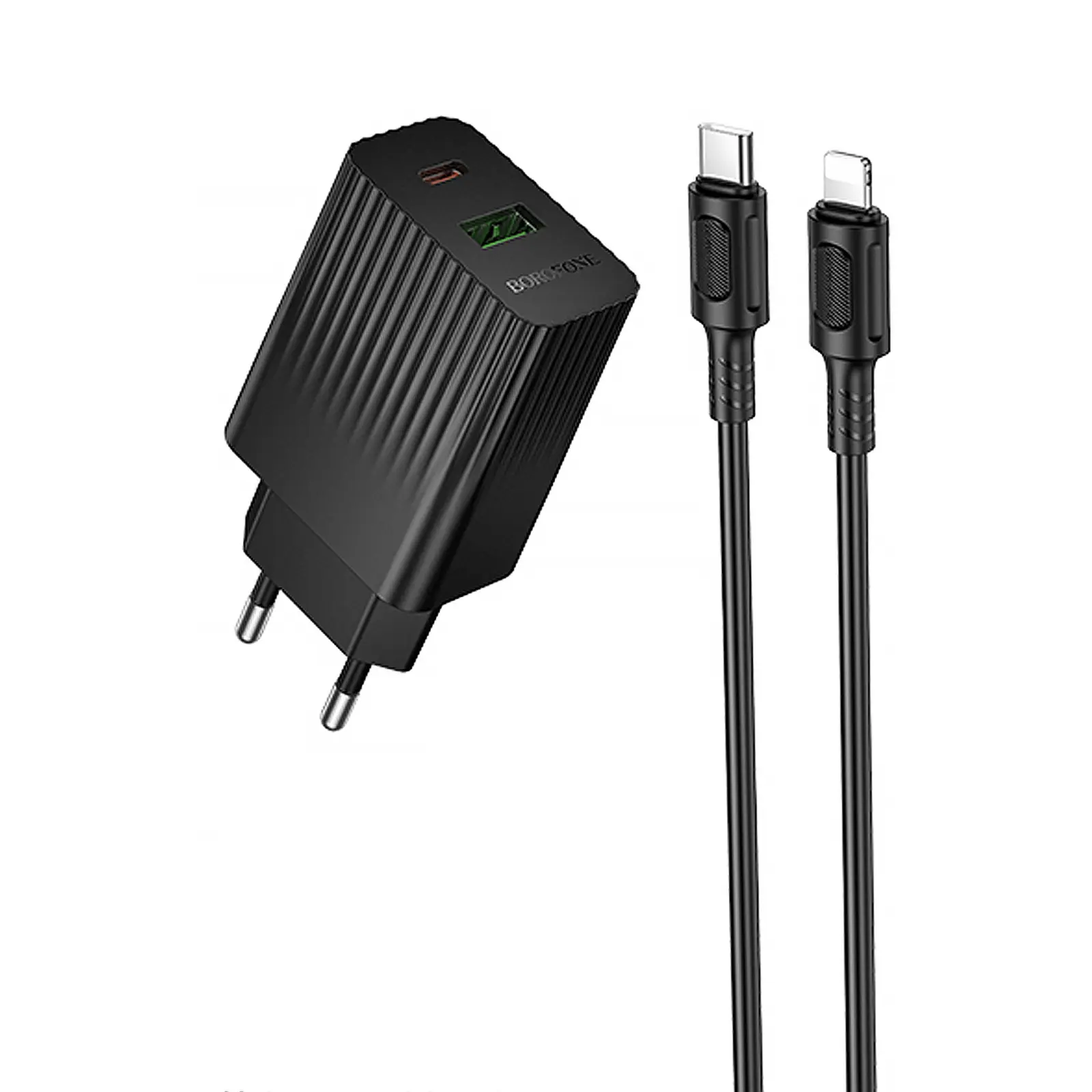 СЗУ Borofone BAS76A Source PD30W+QC3.0 (1USB-A/1C) + кабель Type-C to Lightning, Black, купить оптом с доставкой